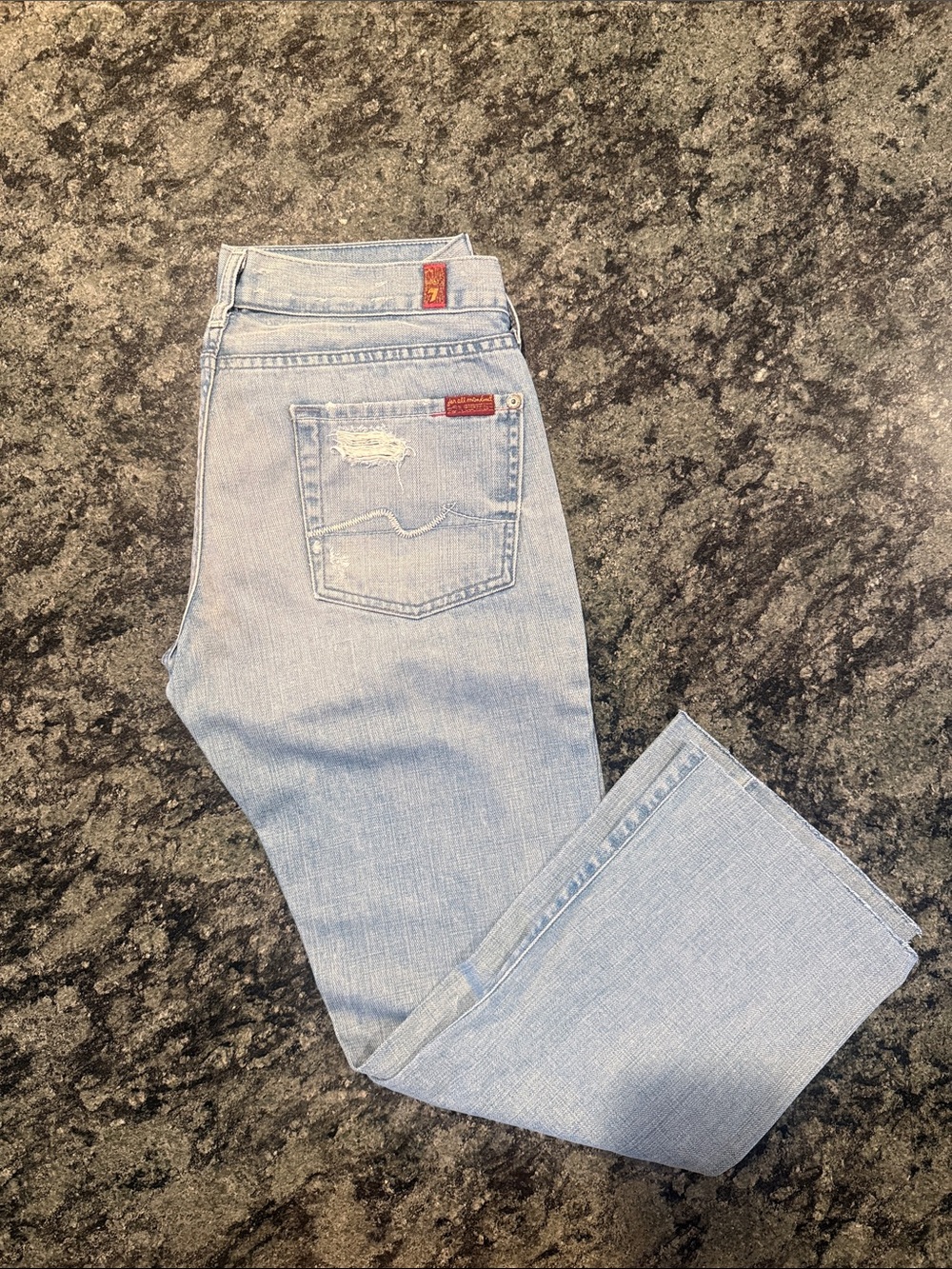 Light Blue Women's 7 Jeans - Classic Low-Rise Bootcut Leg unfinished bottom